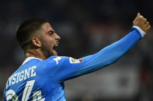 Napoli's Italian midfielder Lorenzo Insigne celebrates after scoring his second goal during the Italian Serie A football match between AC Milan and Napoli at San Siro Stadium in Milan on October 4,  2015. AFP PHOTO / OLIVIER MORIN        (Photo credit should read OLIVIER MORIN/AFP/Getty Images)
