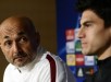Roma's coach Luciano Spalletti (l) and looks towards Roma's Argentinian midfielder Diego Perotti during a press conference on March 7, 2016 at Santiago Bernabeu stadium in Madrid on the eve of their UEFA Champions League football match Real Madrid CF vs AS Roma.    / AFP / JAVIER SORIANO        (Photo credit should read JAVIER SORIANO/AFP/Getty Images)